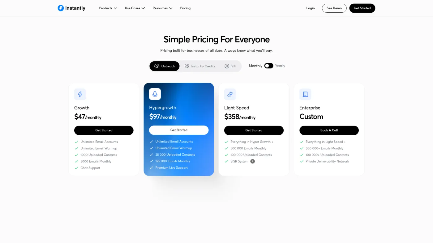 Instantly public pricing page showing Growth and higher-volume email outreach plans