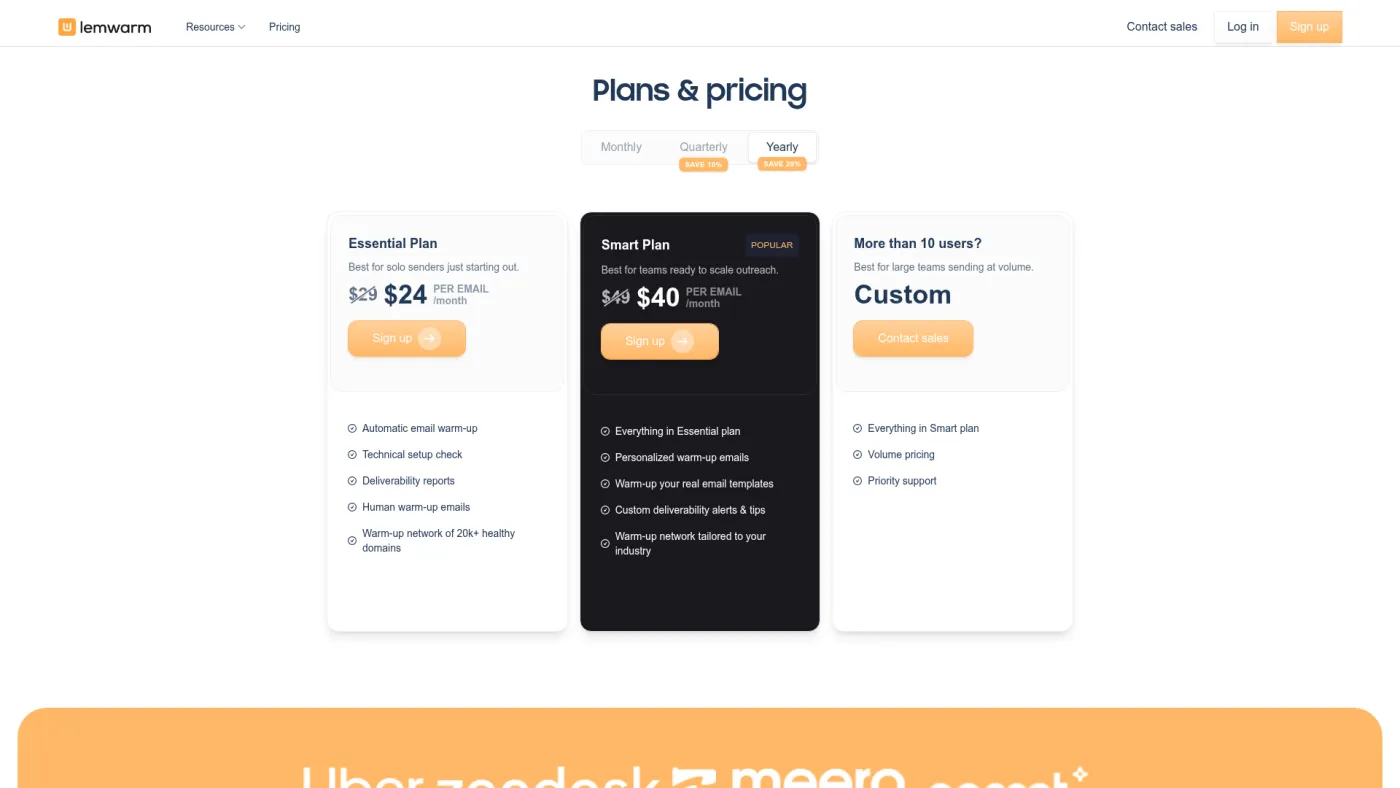 lemwarm public pricing page showing Essential and Smart email warmup plans