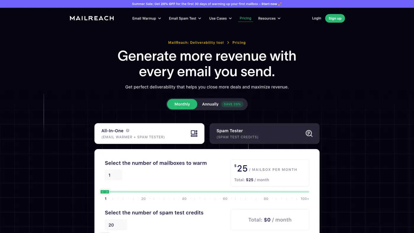 MailReach public pricing calculator for mailbox warmup and spam testing