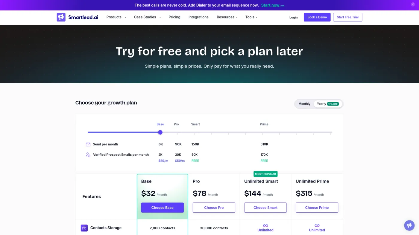 Smartlead public pricing page with Base, Pro and higher-volume plans