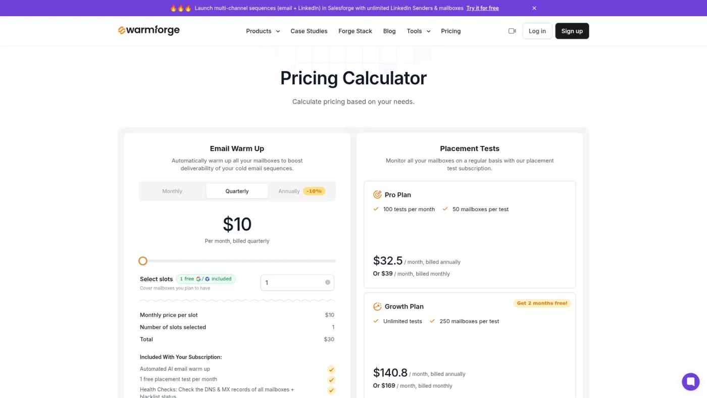 Warmforge public pricing calculator for mailbox warmup slots and placement testing