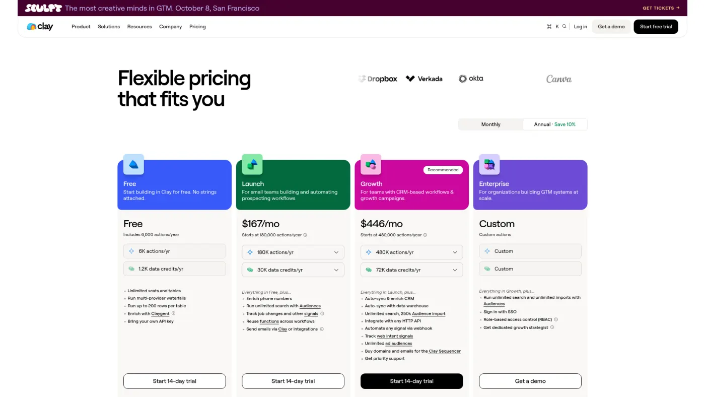 Clay public pricing page showing Free, Launch and Growth plans