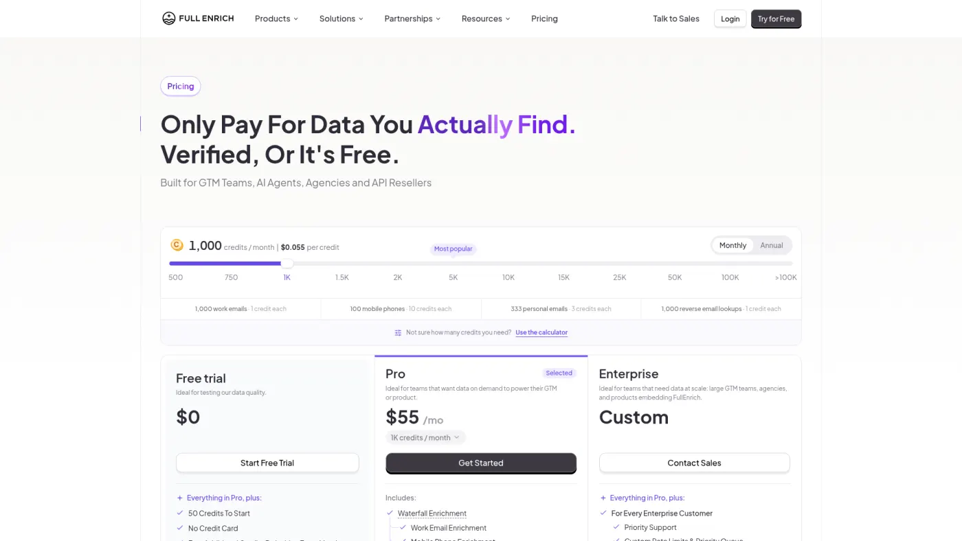 FullEnrich public pricing page with credit allowances for email and mobile enrichment