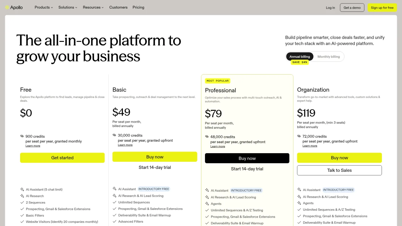 Apollo public pricing page showing Free, Basic, Professional and Organization plans