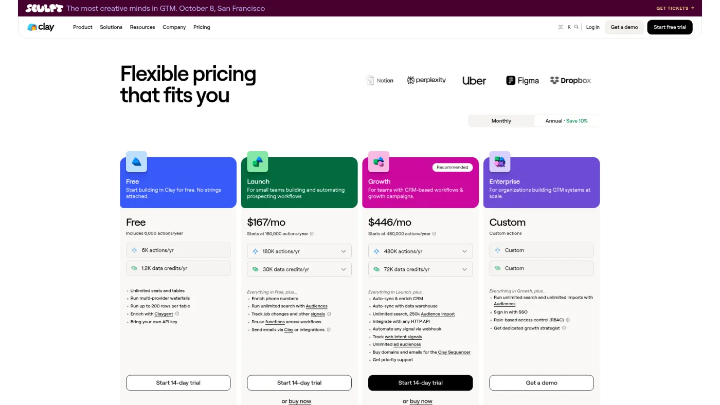 Clay public pricing page showing Free, Launch, Growth and Enterprise plans