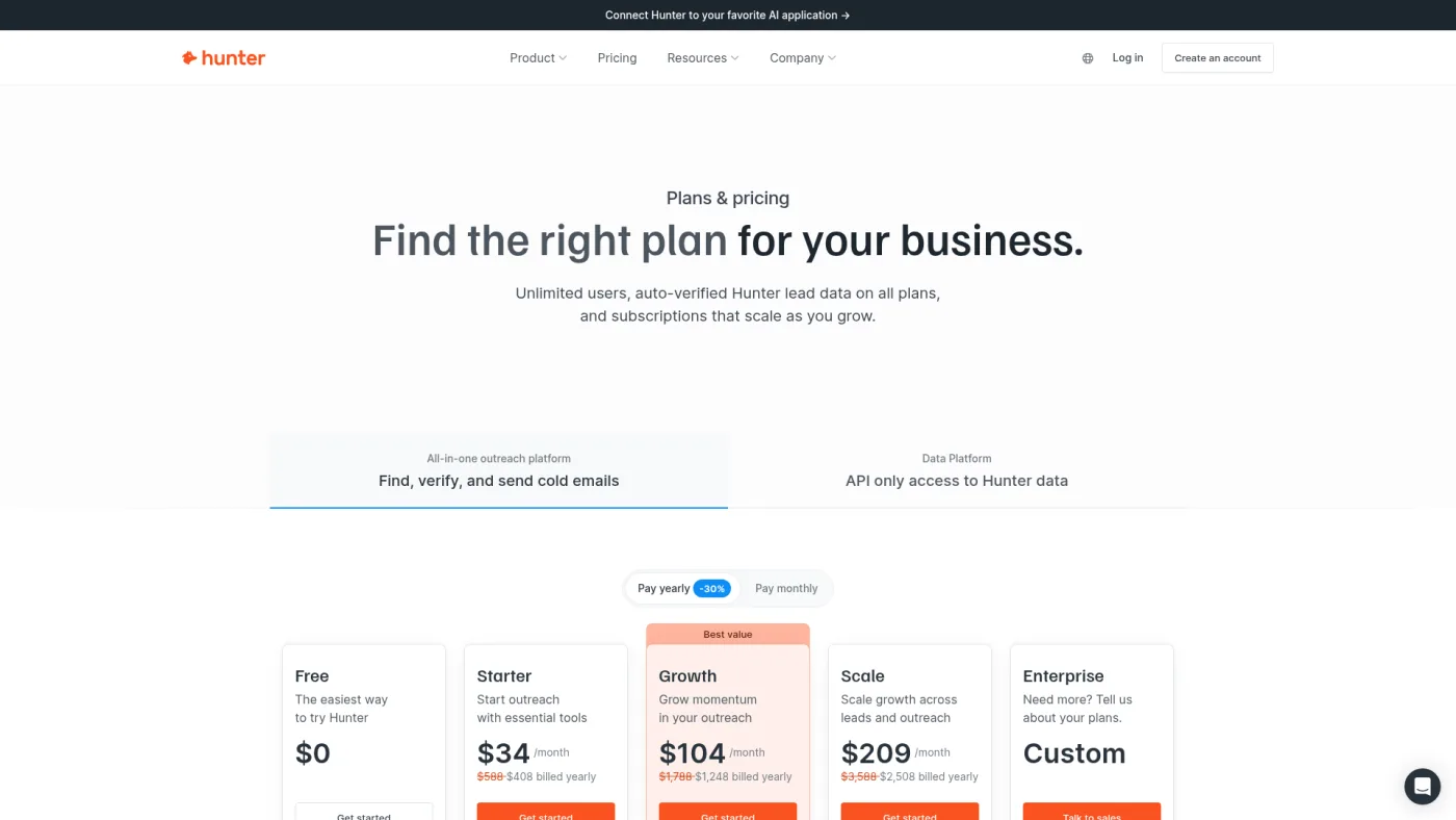 Hunter public pricing page showing Free, Starter, Growth, Scale and Enterprise plans
