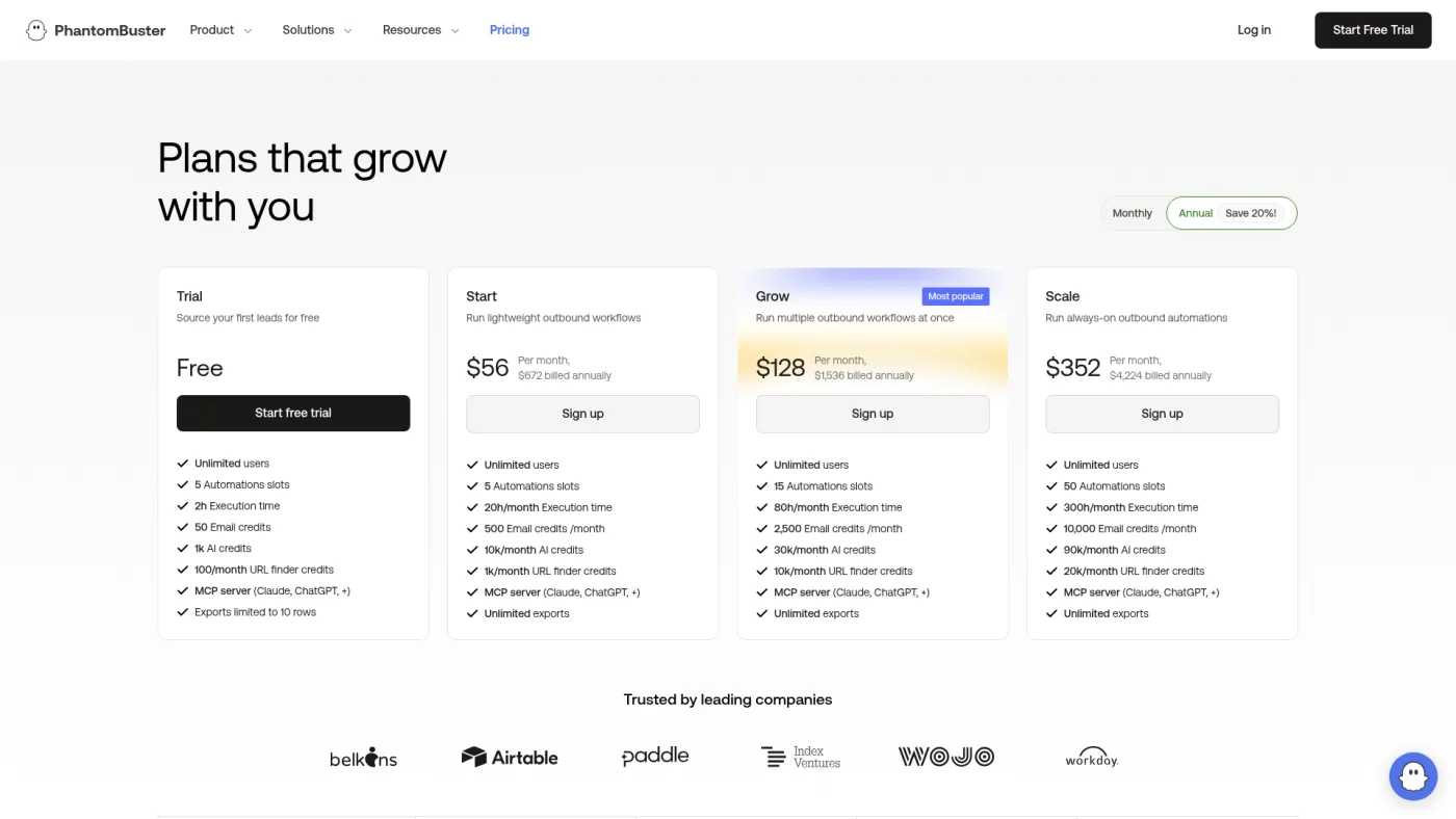 PhantomBuster public pricing page showing Trial, Start, Grow and Scale plans