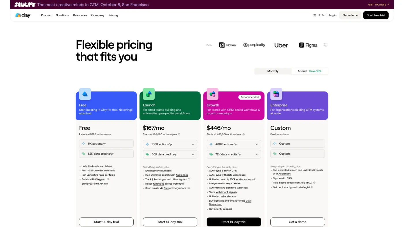Clay public pricing page showing plans and separate data-credit and action economics