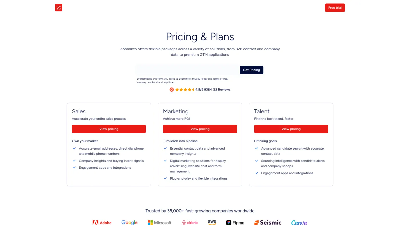 ZoomInfo public pricing page describing flexible quote-based packages