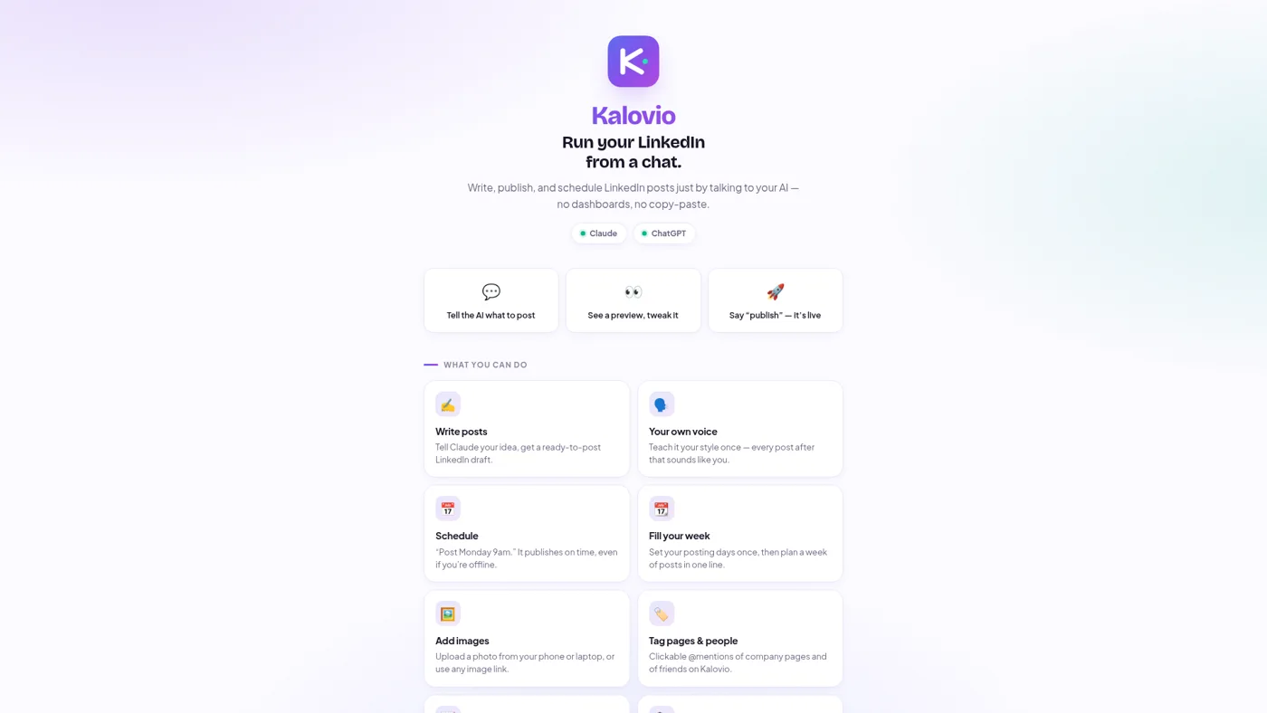 Kalovio public website introducing its chat-based LinkedIn publishing connector