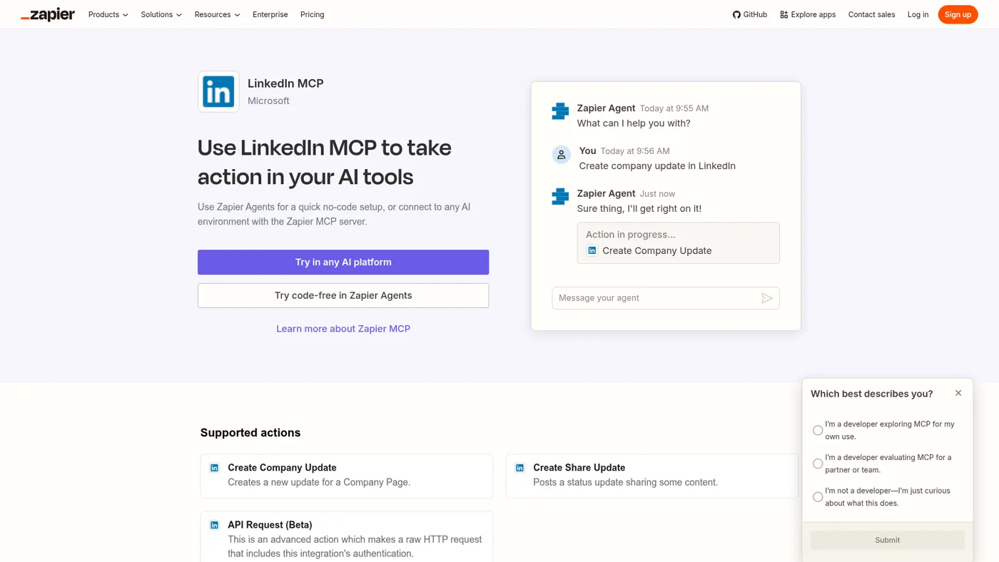 Zapier public LinkedIn MCP page and supported publishing actions