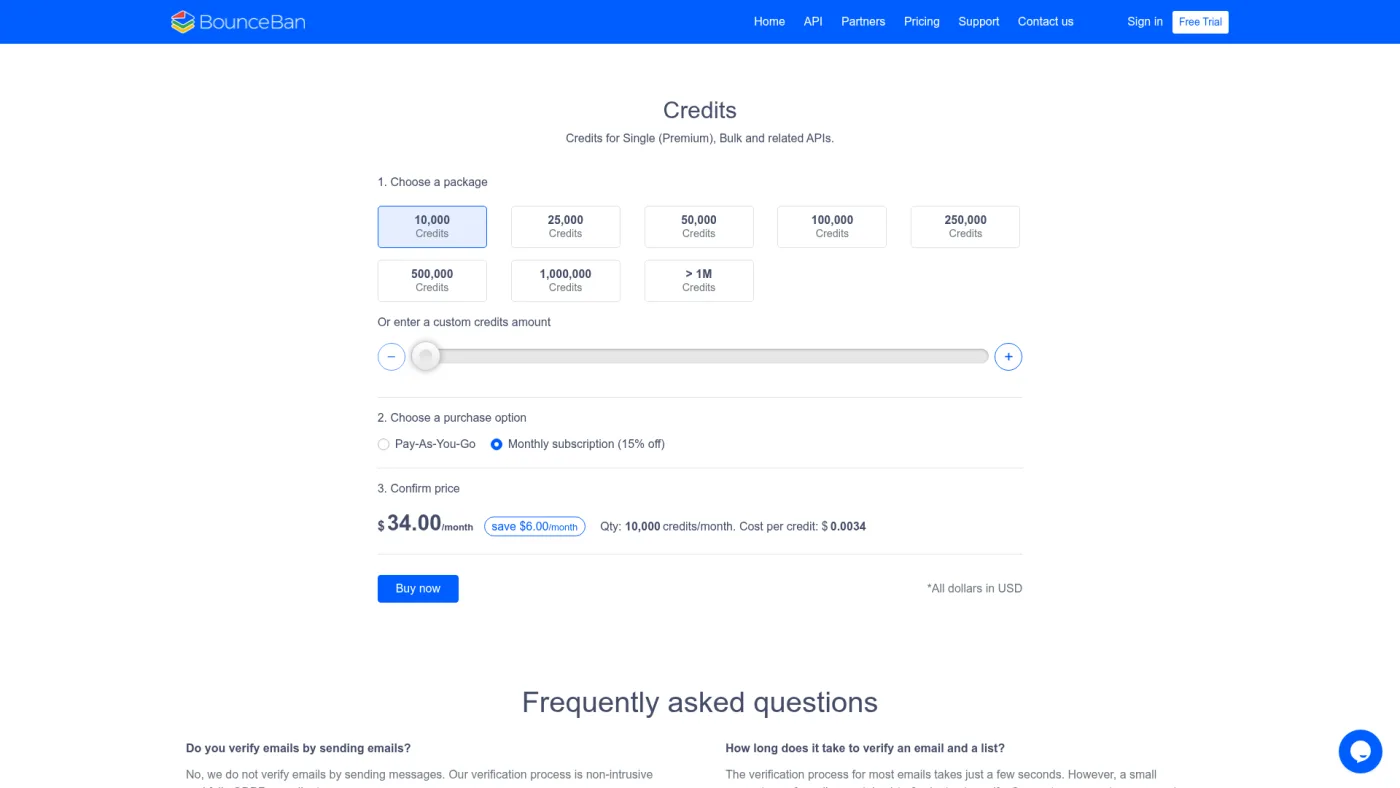 BounceBan public pricing page captured October 16, 2026, showing 10,000 credits at $34 per month on subscription