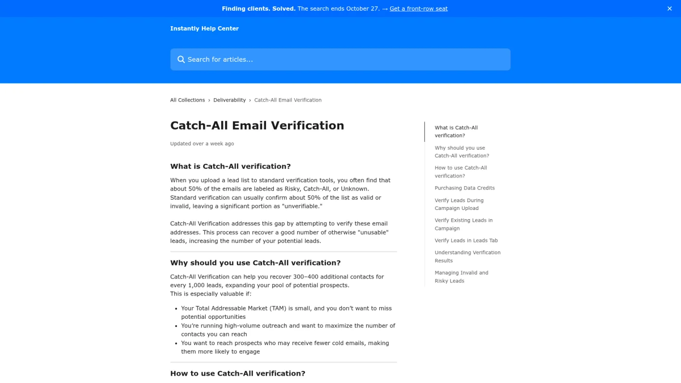 Instantly public help article on Catch-All Email Verification captured October 16, 2026
