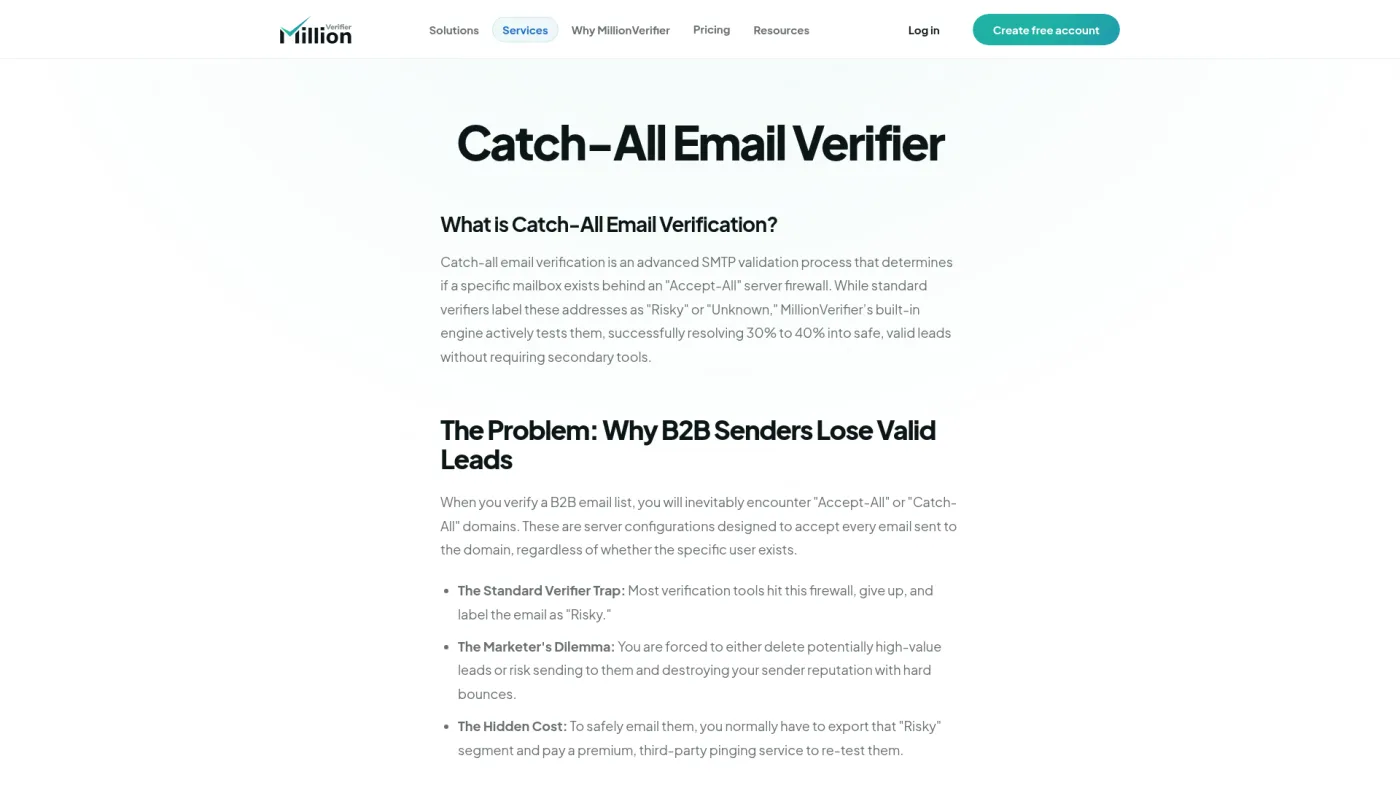 MillionVerifier public Catch-All Email Verifier page captured October 16, 2026, describing 30 to 40 percent catch-all resolution