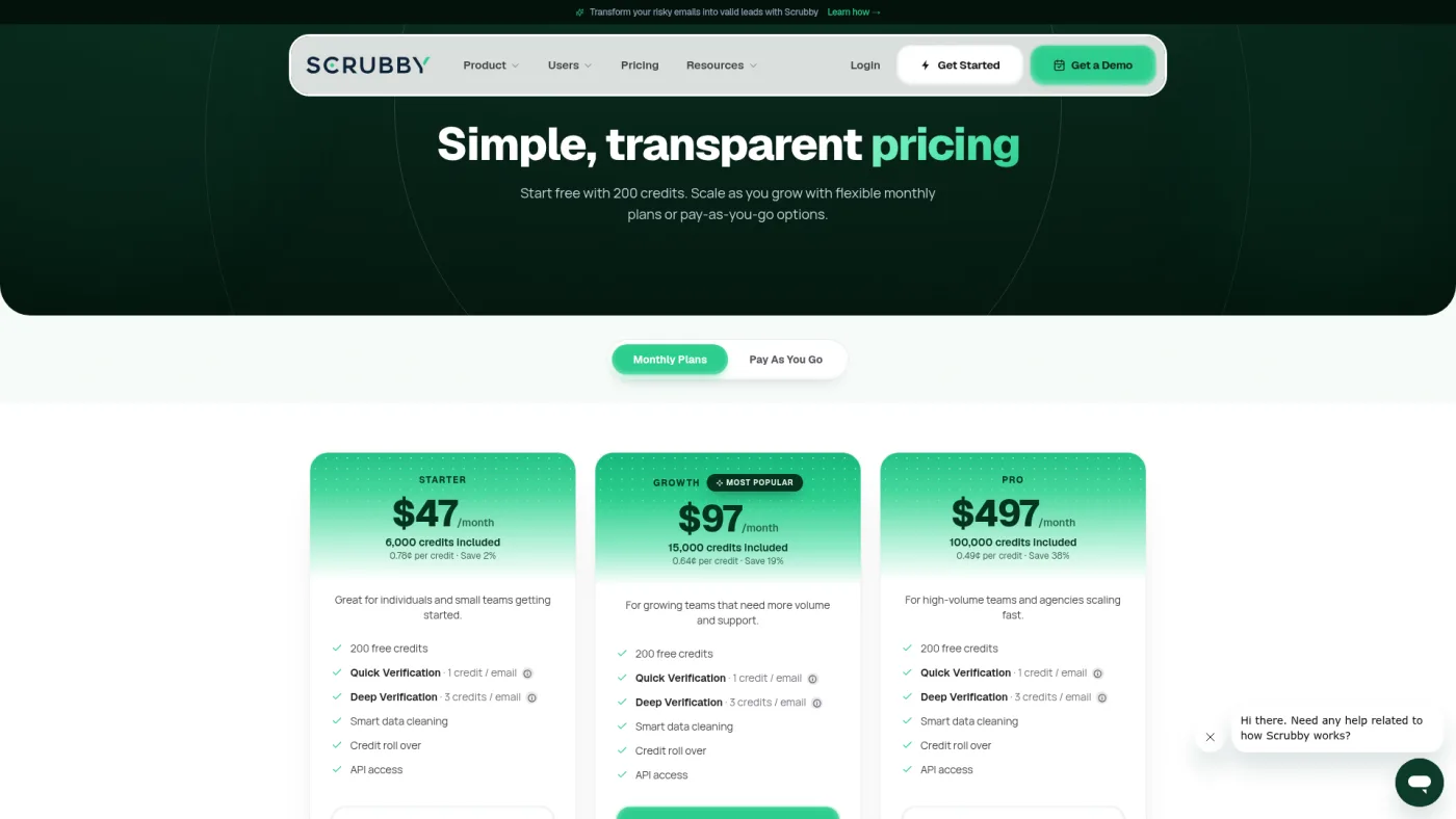 Scrubby public pricing page captured October 16, 2026, showing Starter, Growth and Pro monthly plans with Quick and Deep Verification credit costs