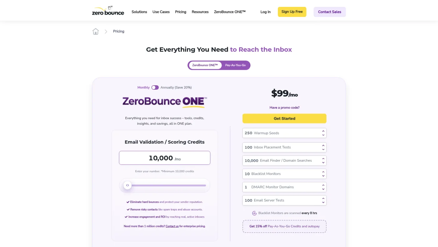 ZeroBounce public pricing page captured October 16, 2026, showing ZeroBounce ONE at $99 per month for 10,000 credits