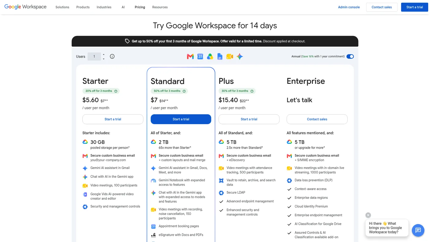 Google Workspace public pricing page captured October 1, 2026, showing Business Starter and higher plans with a temporary promotion