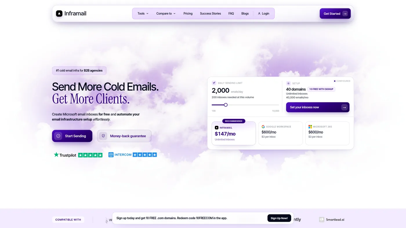 Inframail public homepage captured October 1, 2026, presenting Microsoft-backed agency inbox infrastructure