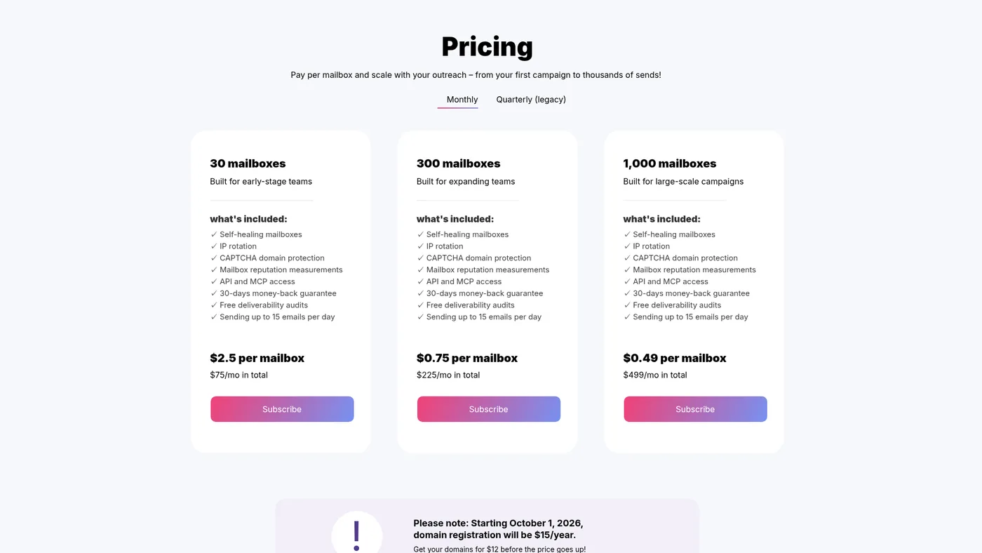 Maildoso public pricing page captured October 1, 2026, showing monthly 30, 300 and 1000 mailbox packages