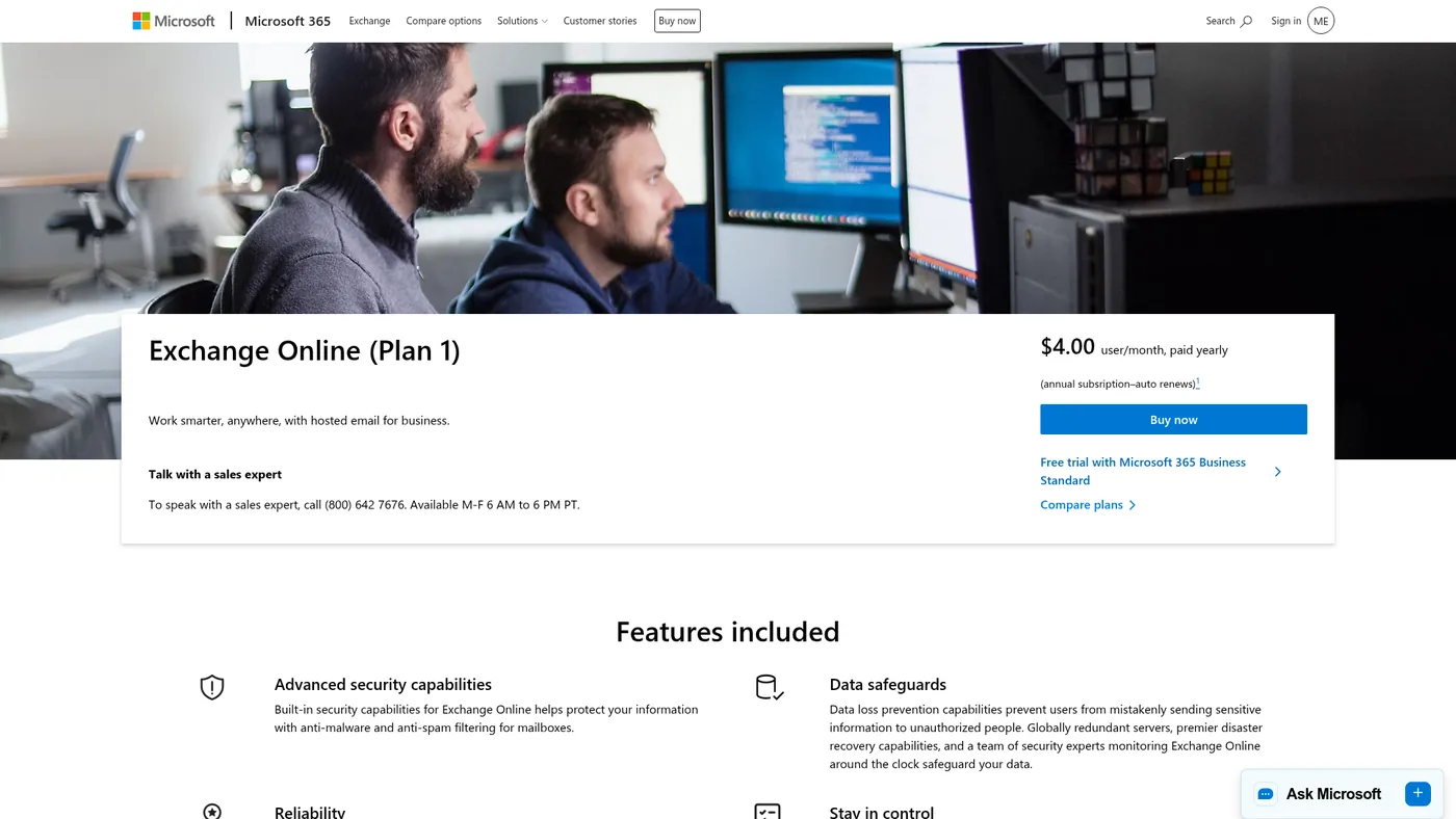 Microsoft Exchange Online Plan 1 public page captured October 1, 2026, showing the annual $4 per-user monthly price