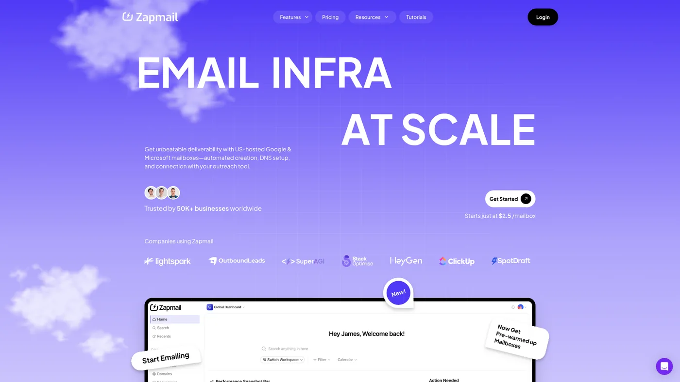 Zapmail public homepage captured October 1, 2026, showing its managed email infrastructure positioning