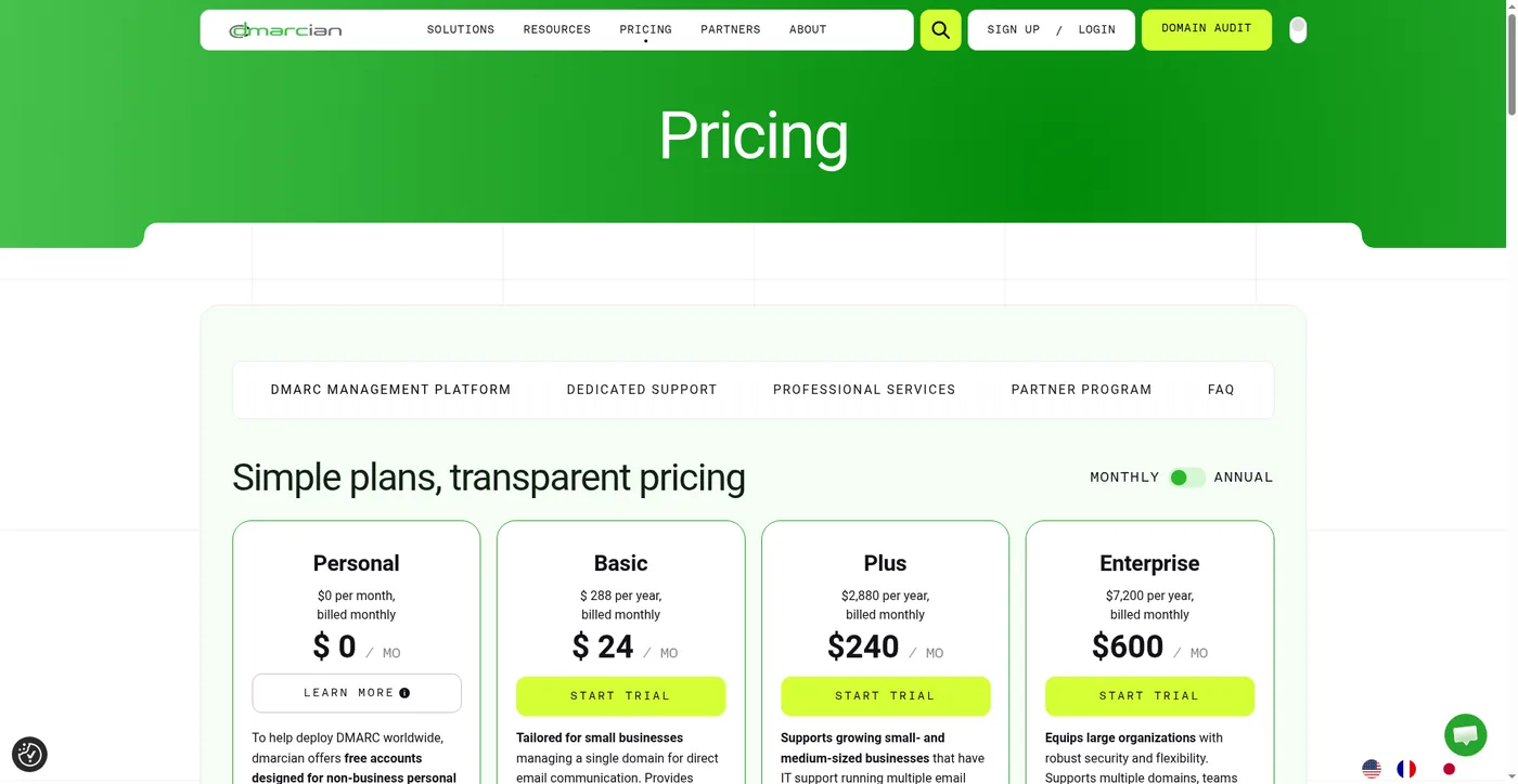 dmarcian public pricing page captured October 1, 2026, showing Personal, Basic, Plus and Enterprise plans