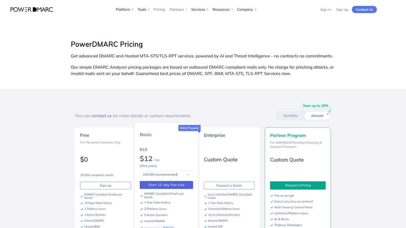 PowerDMARC public pricing page captured October 1, 2026, showing Free, Basic and quote-based plans