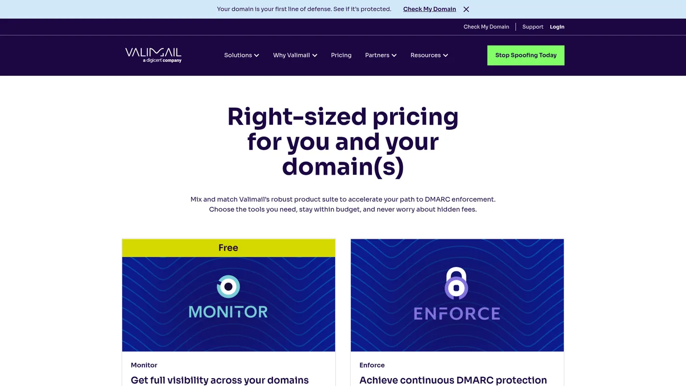 Valimail public pricing page captured October 1, 2026, showing free Monitor and paid Enforce products