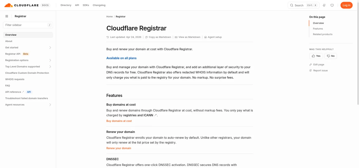 Cloudflare Registrar documentation captured October 22, 2026, showing its at-cost registration and renewal terms