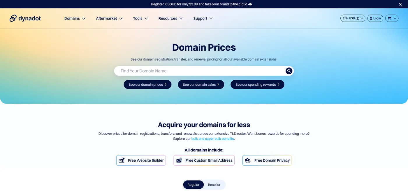 Dynadot public domain prices page captured October 22, 2026, showing its registration, renewal and transfer table