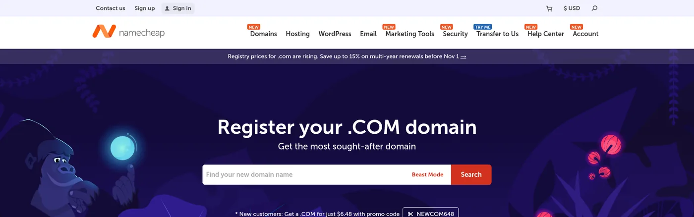 Namecheap public .com registration page captured October 22, 2026, showing its domain search hero
