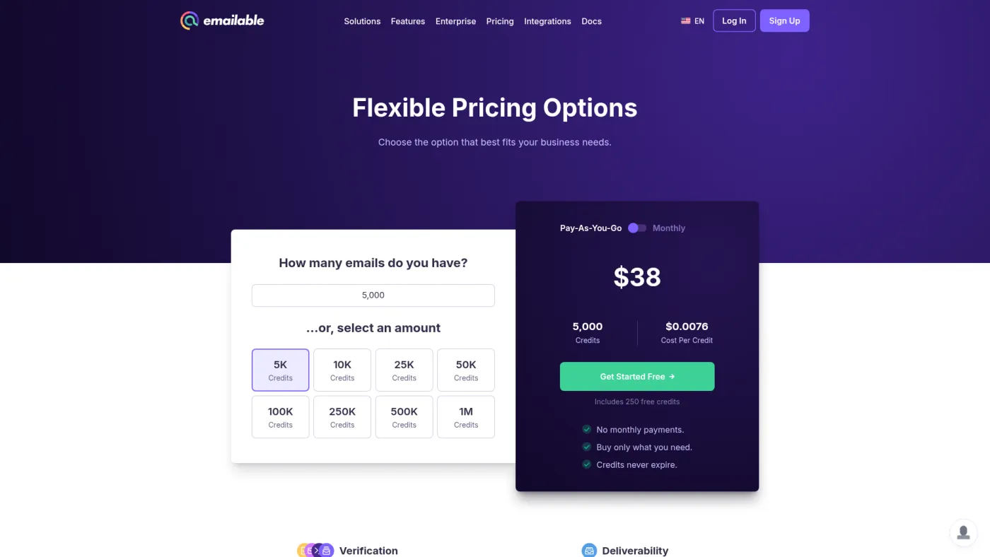 Emailable public pricing calculator showing pay-as-you-go email verification