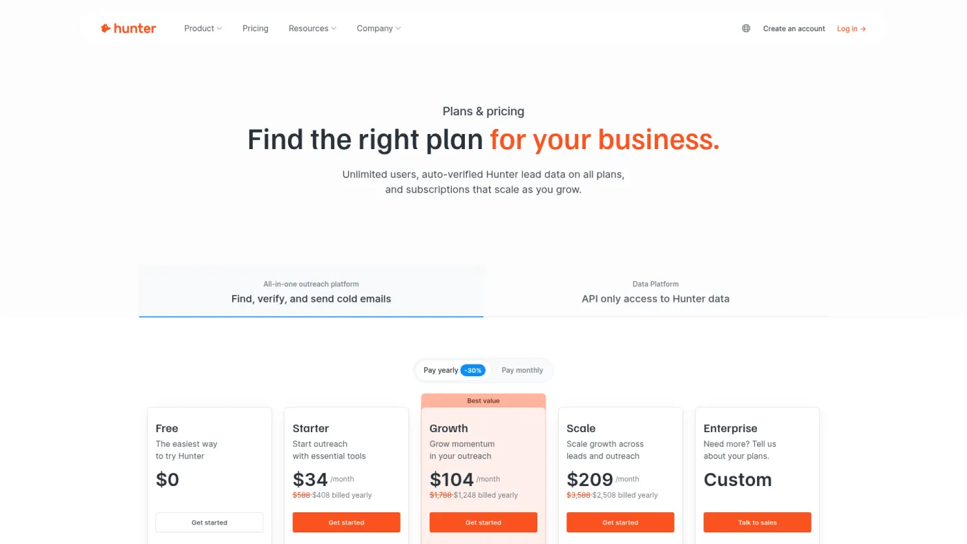 Hunter public pricing page with credit-based sales, marketing and API plans