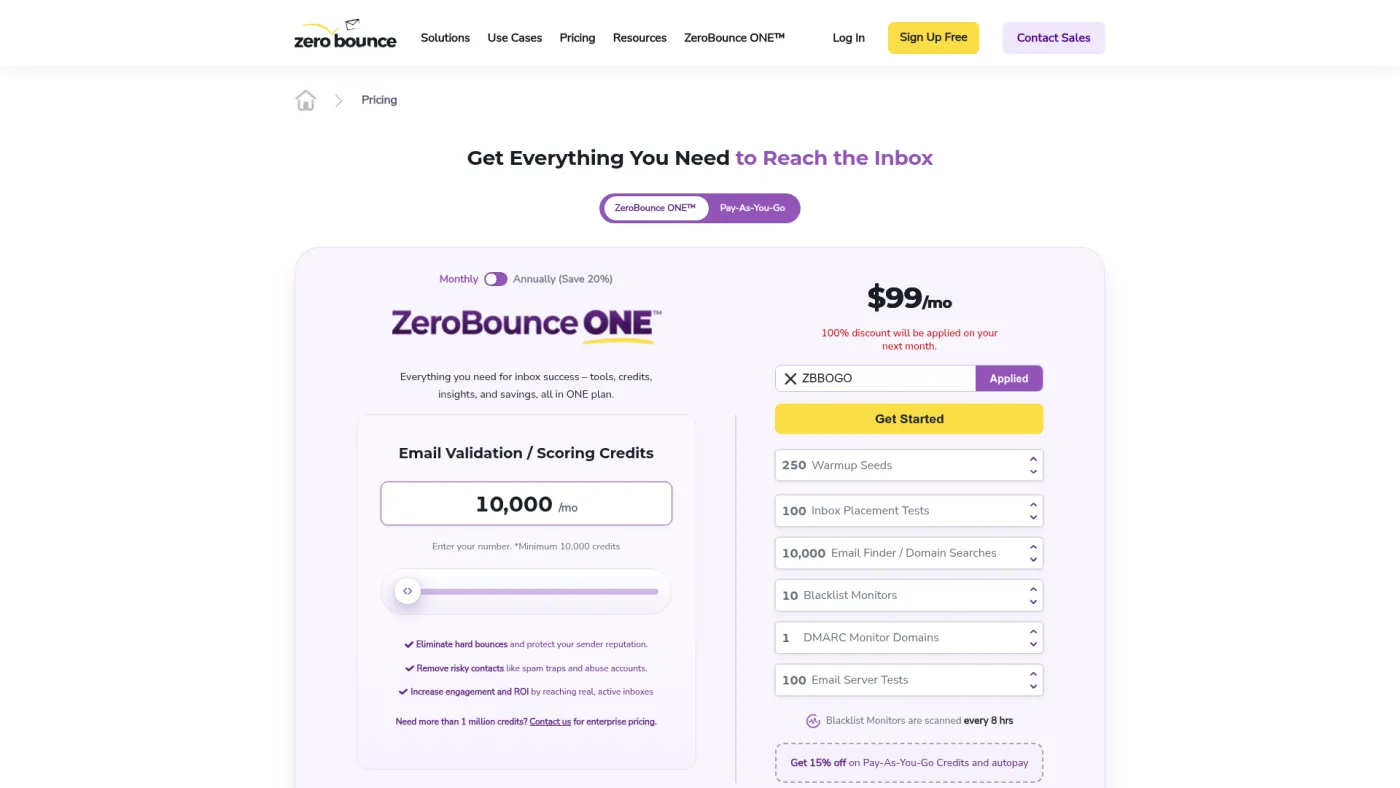 ZeroBounce public pricing page with validation volume and ONE subscription calculator