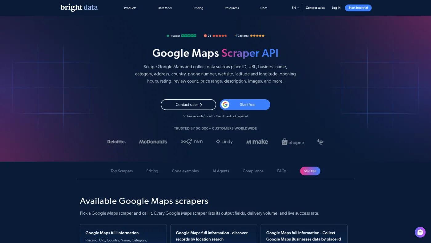 Bright Data Google Maps Scraper API public page captured October 16, 2026, listing place fields and 5K free records per month