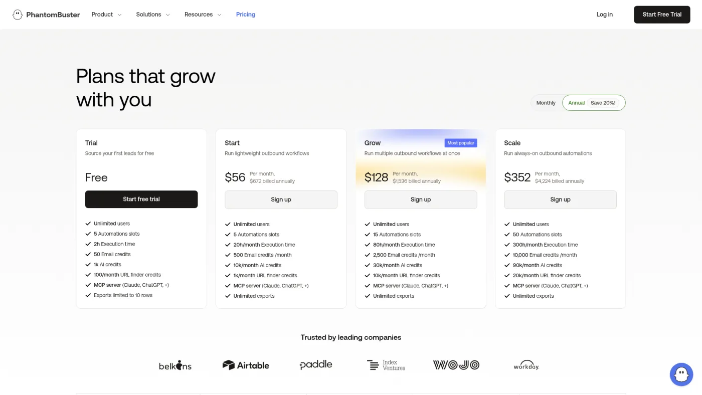 PhantomBuster public pricing page captured October 16, 2026, showing Trial, Start, Grow and Scale plans billed annually