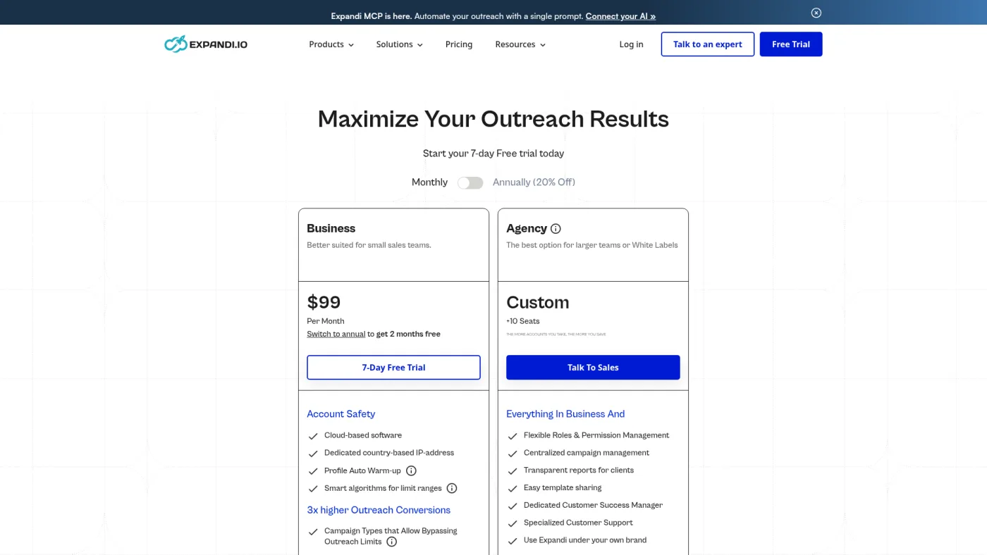 Expandi public pricing page captured October 16, 2026, showing the Business plan at $99 per month and a custom Agency plan from 10 seats