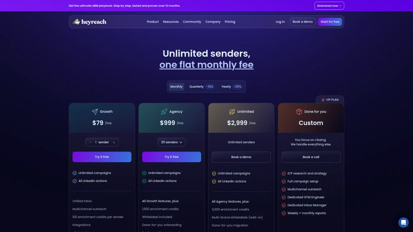 HeyReach public pricing page captured October 16, 2026, showing Growth at $79 per sender, Agency at $999 for 25 senders and Unlimited at $2,999 on monthly billing