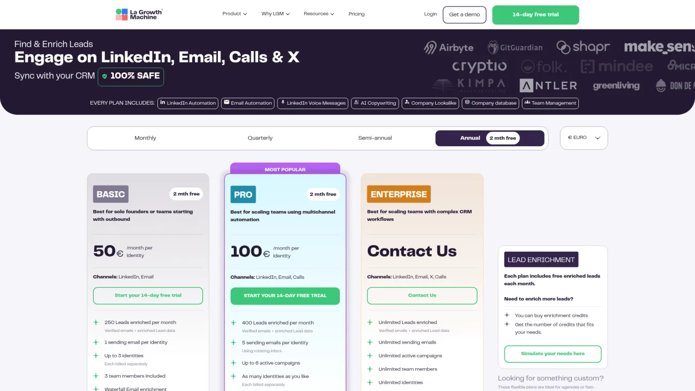 La Growth Machine public pricing page captured October 16, 2026, showing Basic and Pro plans priced per identity with annual billing in euros selected