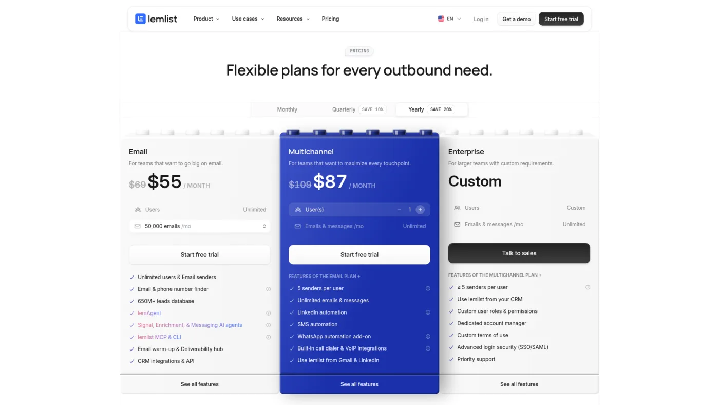 lemlist public pricing page captured October 16, 2026, showing the Multichannel plan at $87 per month on yearly billing with LinkedIn automation listed
