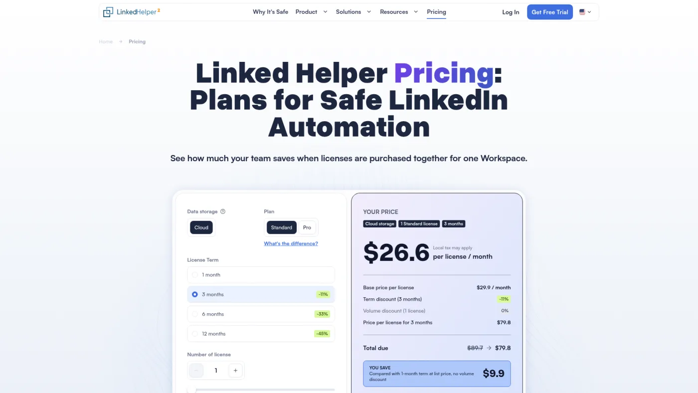 Linked Helper public pricing page captured October 16, 2026, showing the license calculator with cloud storage, Standard plan and a three-month term