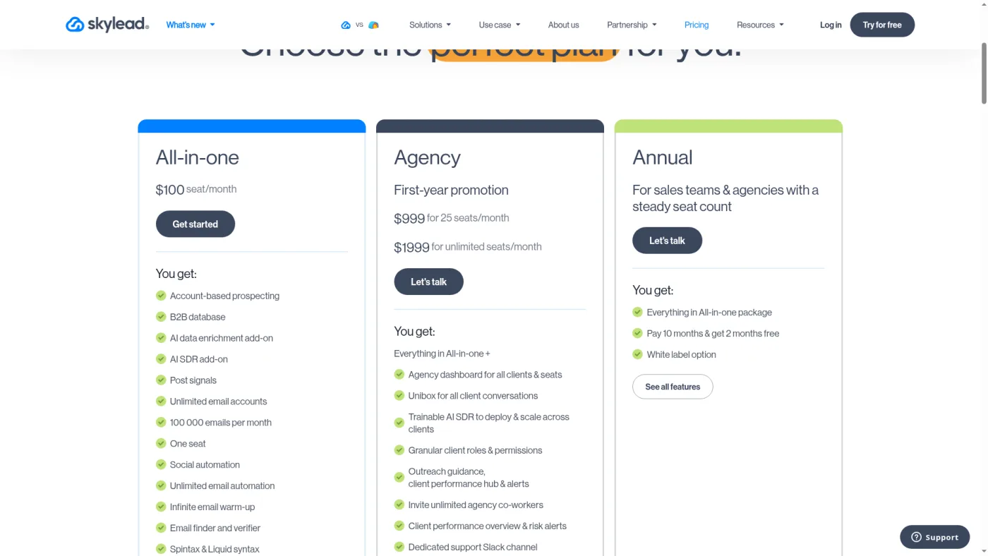 Skylead public pricing page captured October 16, 2026, showing All-in-one at $100 per seat and the Agency first-year promotion at $999 for 25 seats