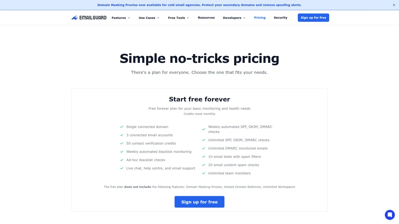 EmailGuard public pricing page captured October 16, 2026, showing the free forever plan features