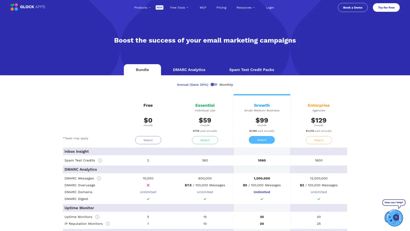 GlockApps public pricing page captured October 16, 2026, showing Free, Essential, Growth and Enterprise plans with annual billing selected
