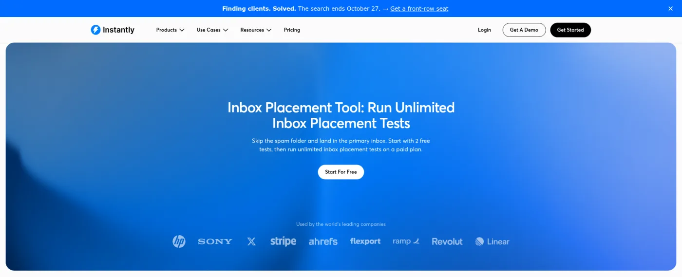 Instantly inbox placement product page captured October 16, 2026, stating two free tests before a paid plan