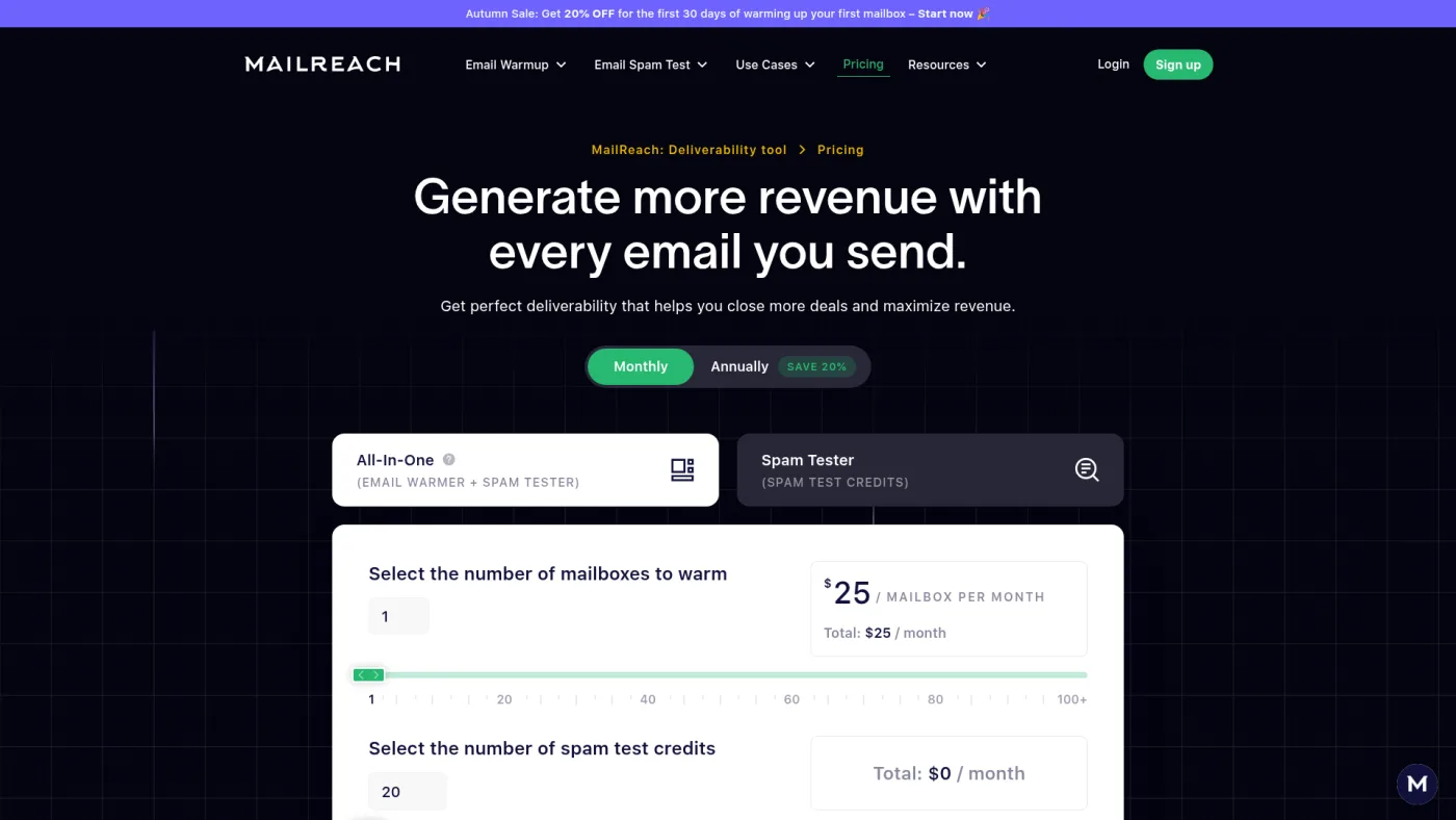 MailReach public pricing page captured October 16, 2026, showing the All-in-One warmup plan at $25 per mailbox per month with 20 spam test credits