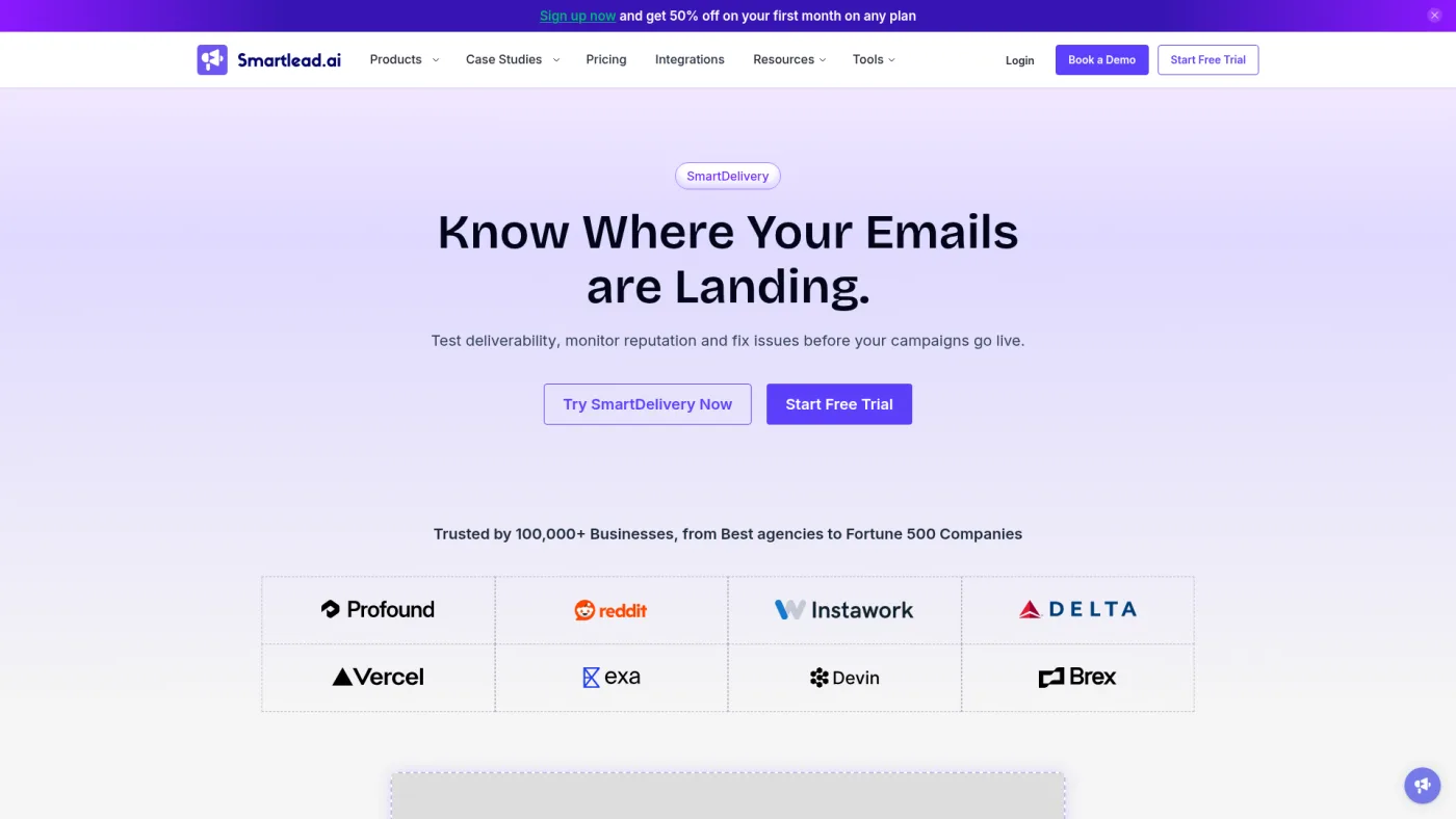 Smartlead SmartDelivery public product page captured October 16, 2026, with the headline Know Where Your Emails are Landing
