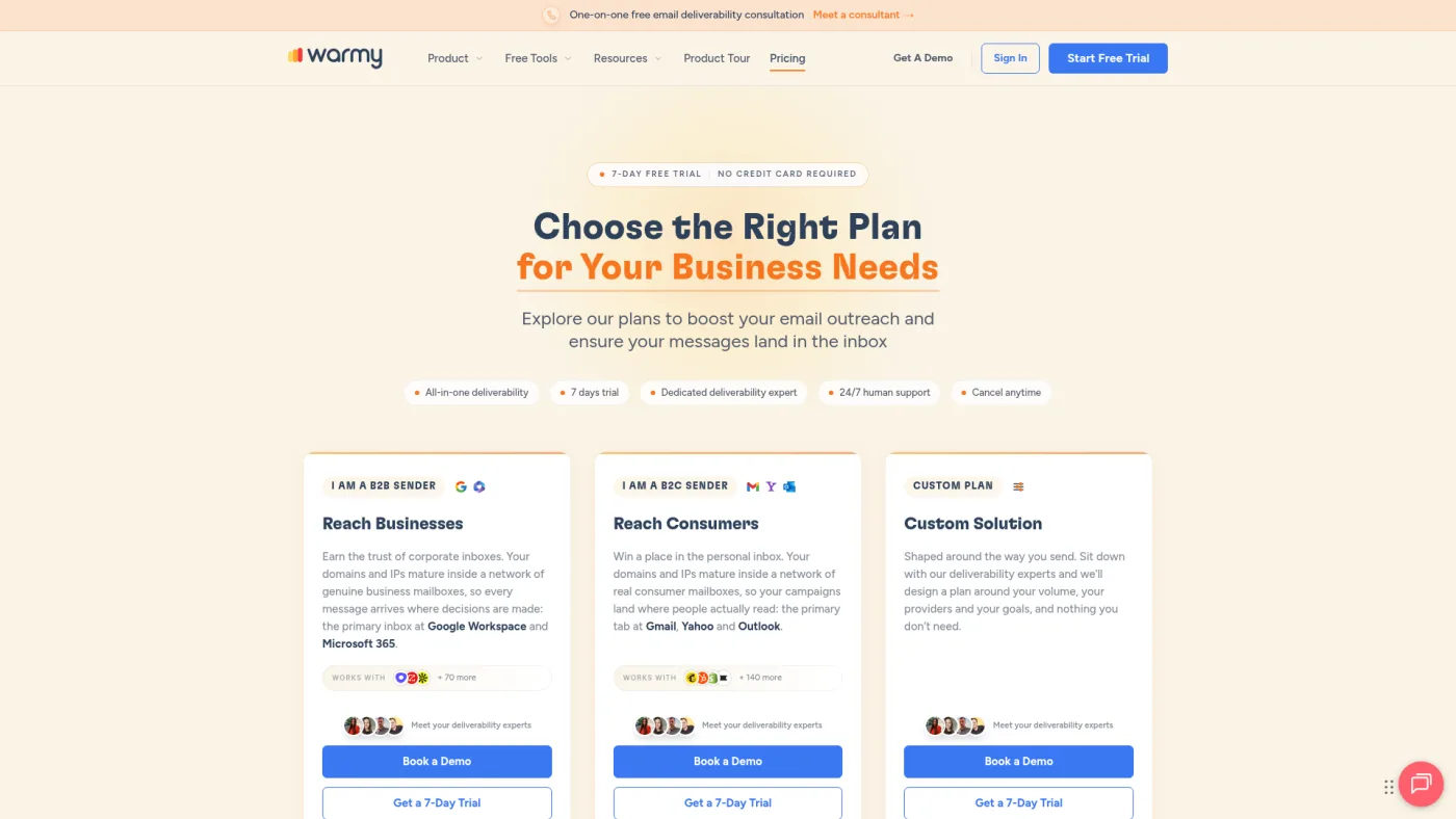 Warmy public pricing page captured October 16, 2026, showing B2B sender, B2C sender and custom plan cards