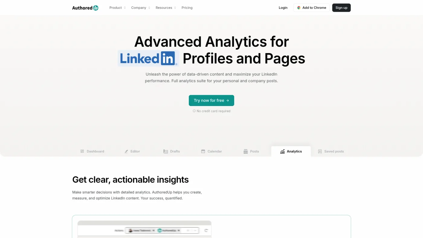 AuthoredUp public analytics product page captured October 16, 2026, titled Advanced Analytics for LinkedIn Profiles and Pages