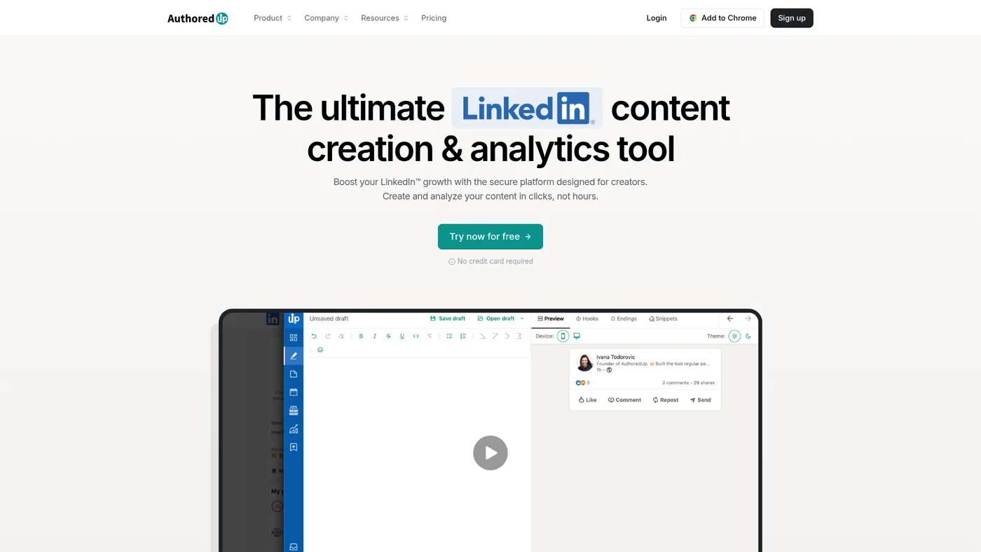 AuthoredUp homepage captured September 14, 2026, presenting content editing and analytics